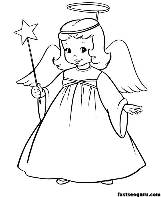 Omaľovánka anjela s krídlami, paličkou s hviezdou a svätožiarou