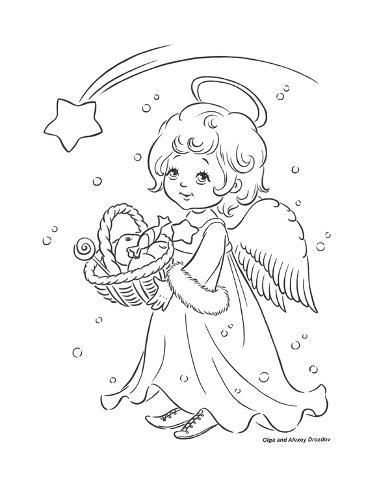 Omaľovánka anjela s košíkom plnom sladkostí a jabĺk s kométou nad hlavou