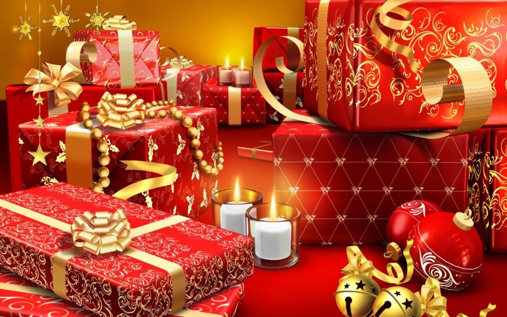 Kreslené pozadie s červenými darčekmi, bankami a sviečkami, zdobenými zlatými stuhami a ornamentmi.