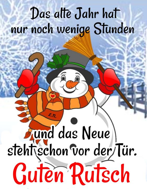 Bucľatý kreslený snehuliak s novoročným textom v nemčine