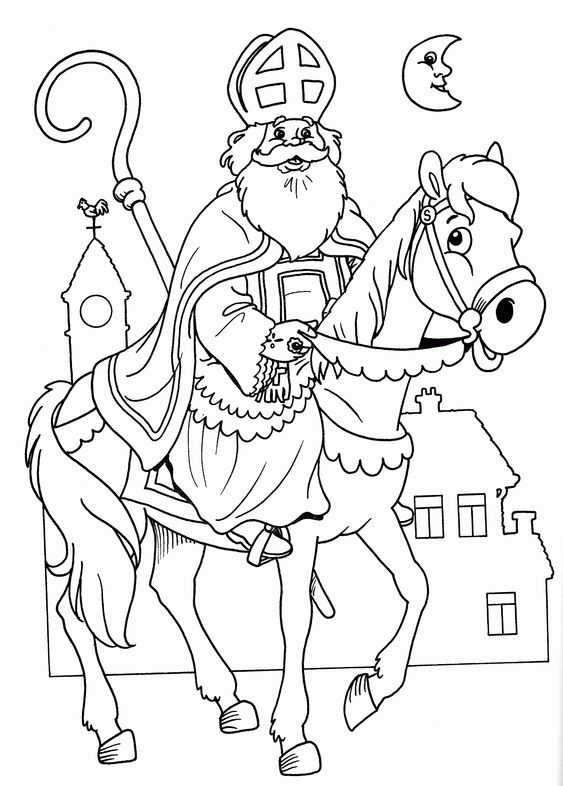 Omaľovánka Mikuláša na koni s domom v pozadí