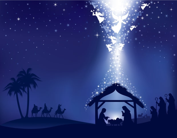 Vianočné prianie s motívom narodenia Ježiška v Betleheme, za prítomnosti anjelov, Márie, Jozefa a troch kráľov.