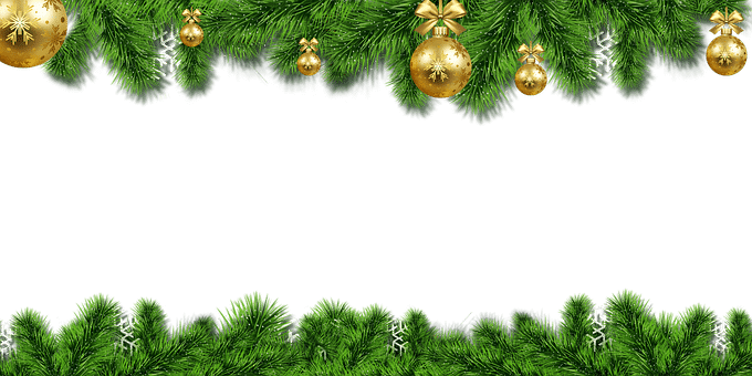 Vianočné obrázkové pozadie s bielym miestom uprostred, horizontálne lemované vetvičkami so zlatými bankami.