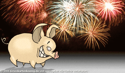 Kreslené, šialene sa usmievavá prasa v popredí, v pozadí ohňostroj a cez obrázok beží nemecký text novoročného priania