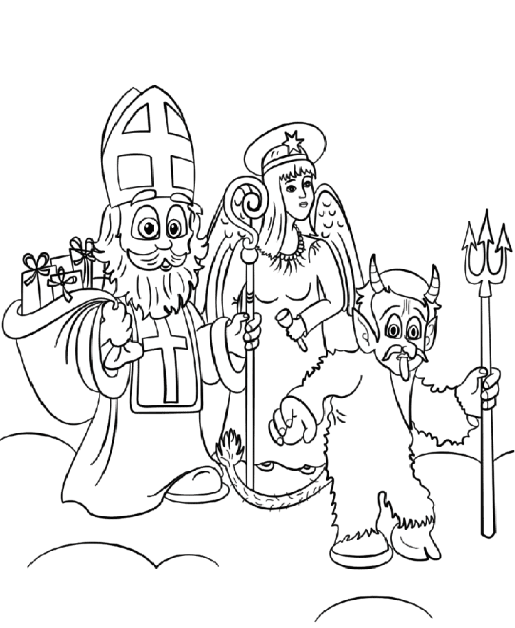 Omaľovánka s čertom s vidlami, anjelom, Mikulášom s darčekmi na vytlačenie