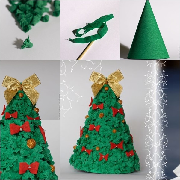 Vianočná výzdoba bytu z papiera, v tvare stromčeka, zdobená guličkami z krepu, červenými mašličkami a veľkou zlatou mašľou.