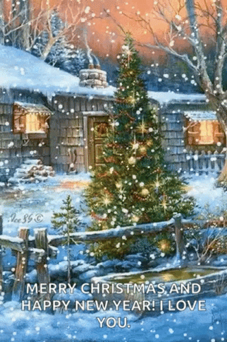 Vianočné a novoročné priania GIF so stromčekom.