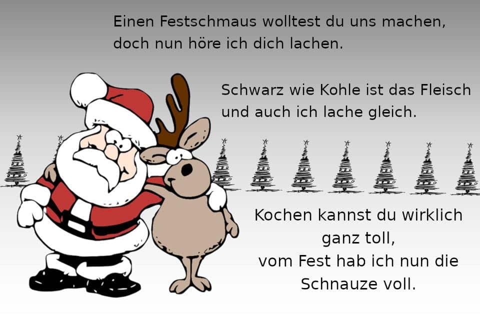 Nemecký text vianočného priania na obrázku so stomkami v pozadí a Santom a sobom v popredí