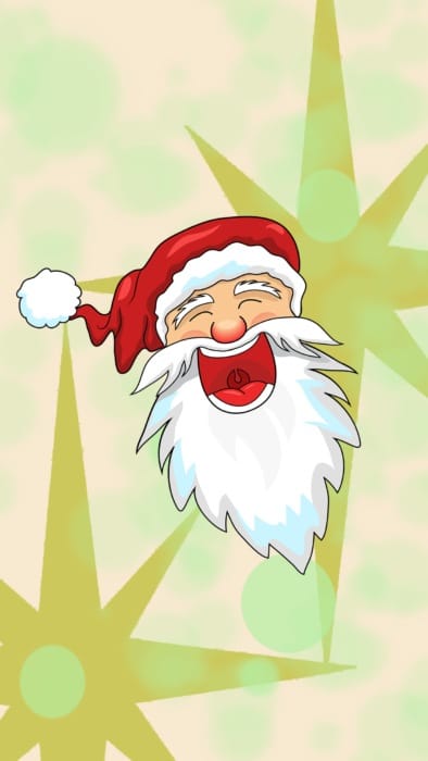 Rozosmiata kreslená hlava Santa Clausa na zelenom pozadí s hviezdami