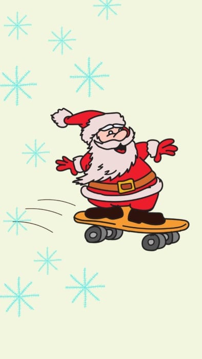 Kreslený Santa Claus rútiaci sa na skateboarde