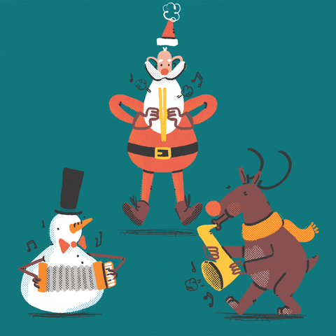 Vtipný vianočný obrázok GIF so Santom, snehuliakom a sobom.