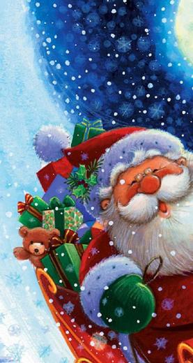 Kreslený Santa Claus rútiaci sa s darčekmi snehom