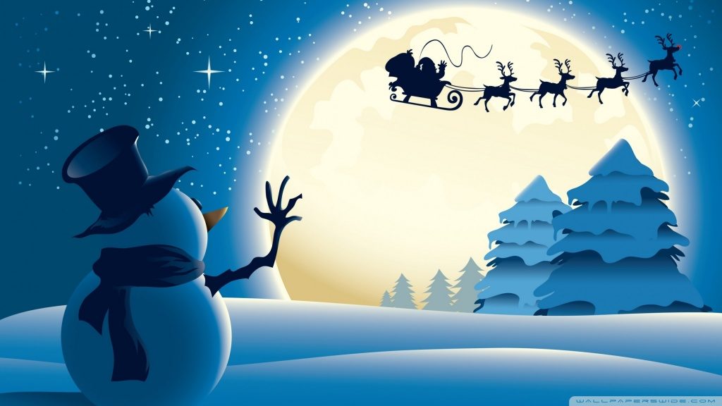 Modré pozadie so snehuliakom, mávajúcim na mesiac, cez ktorý letí sane Santa Clausa, ťahané štyrmi sobmi.