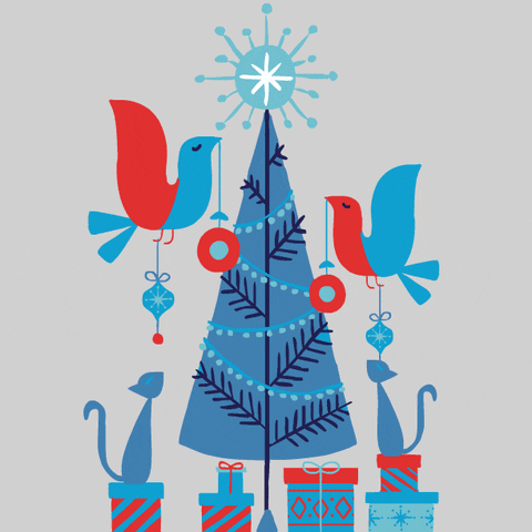 Animovaný vianočný obrázok so stromčekom, vtáčikmi a mačkami.