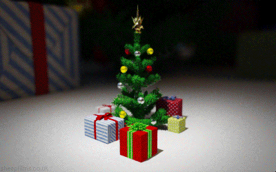 GIF vianočný obrázok so stromčekom ukrytým v darčekovej krabici.