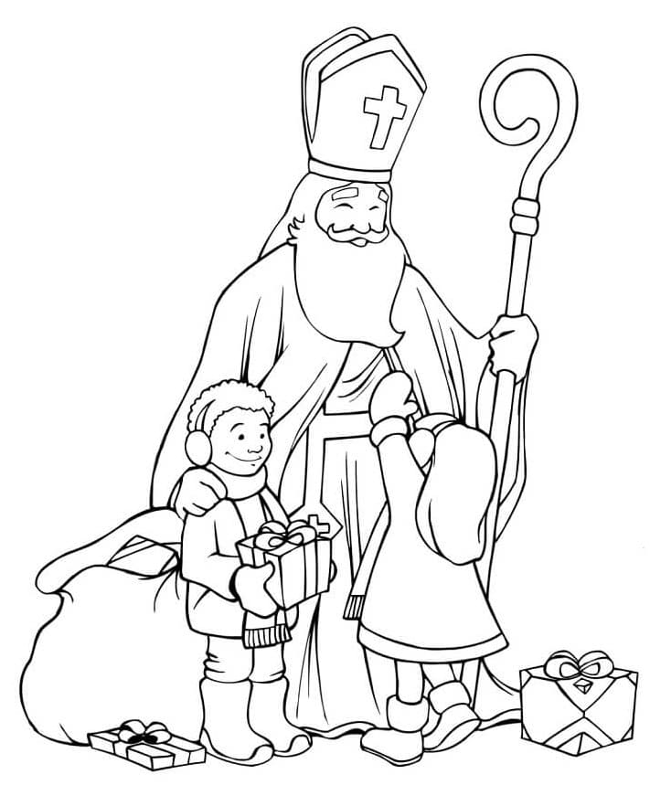 Omaľovánka s Mikulášom a deťmi s darčekmi