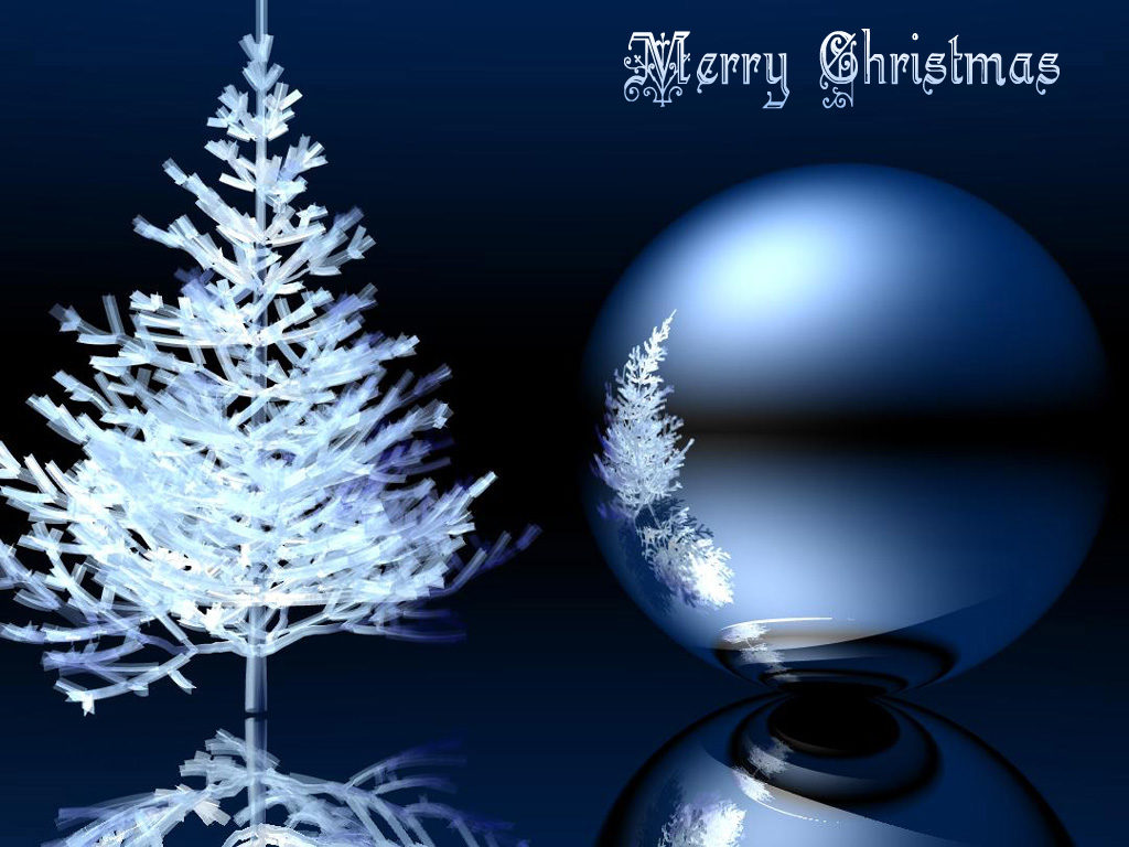 Modré vianočné obrázkové prianie s bielym ihličnatým stromčekom, veľkou guľou as nápisom Merry Christmas.