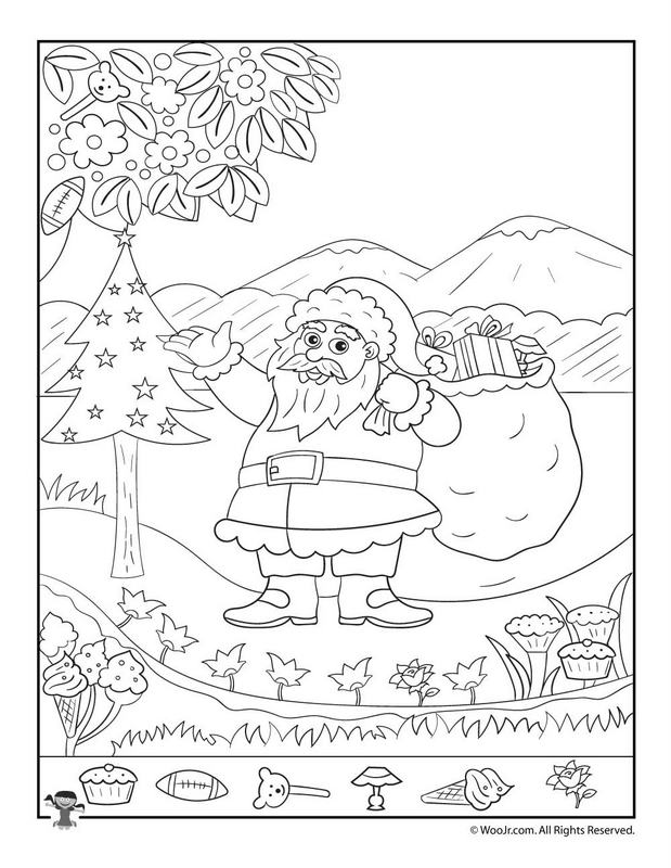 Čiernobiely obrázok Santy Clausa s darčekmi, v ktorom sú nakreslené ukryté predmety