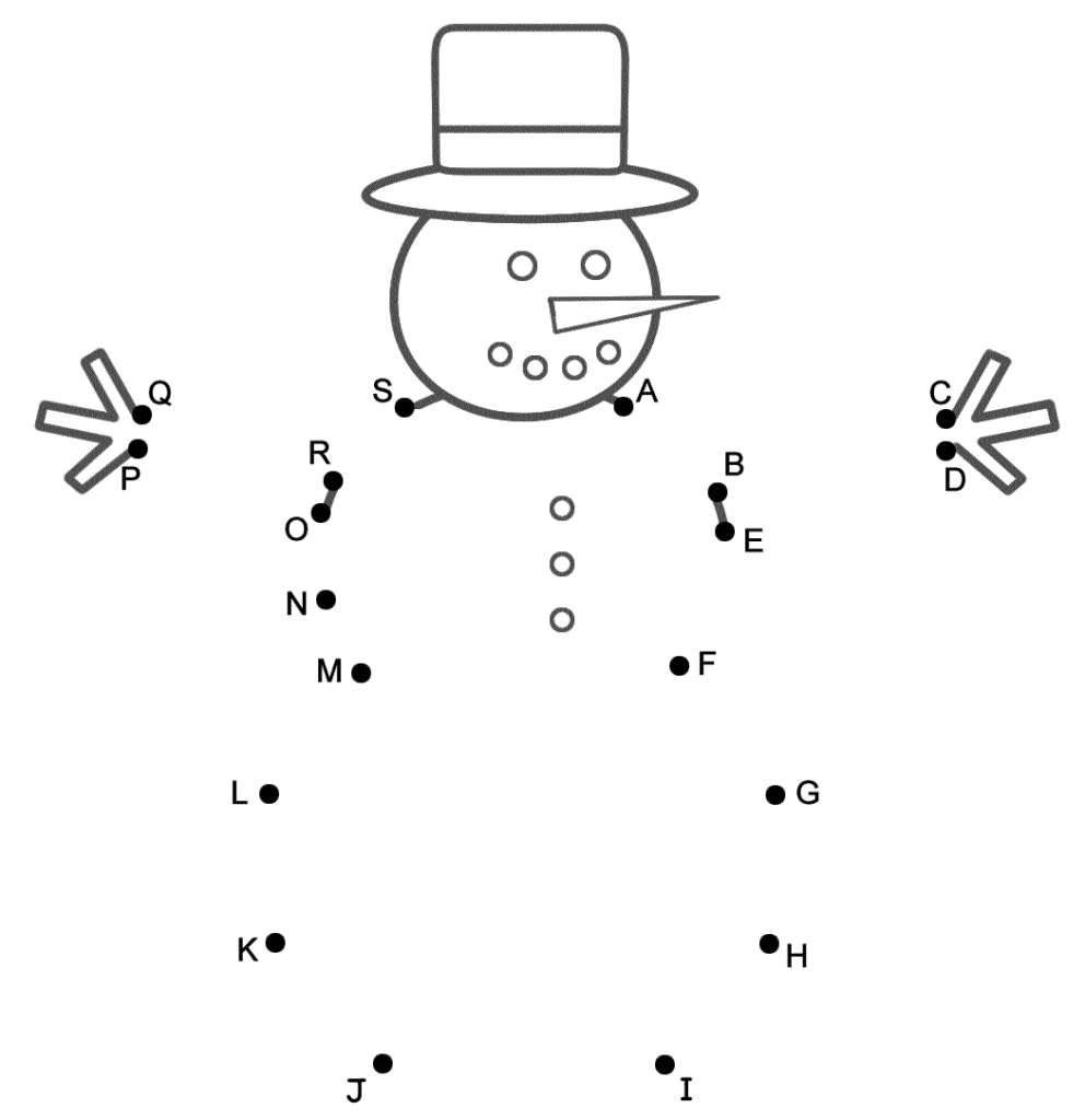 Vianočná spojovačka podľa písmen abecedy so snehuliakom