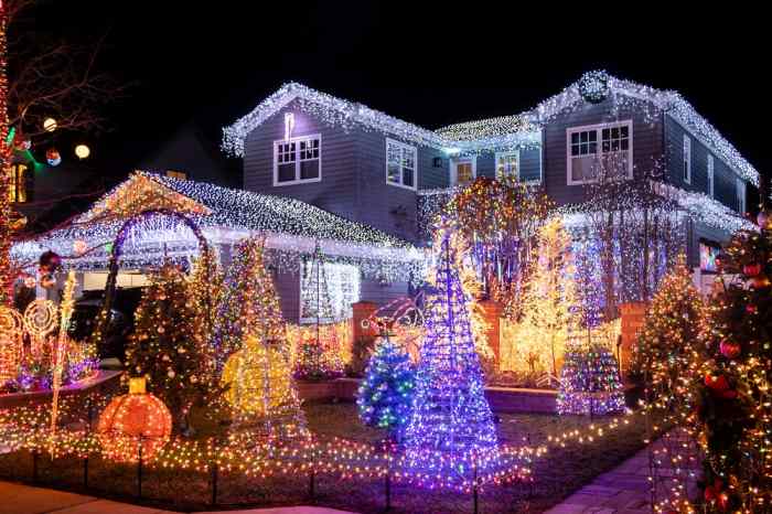 Bohato vianočne vyzdobený dom a záhrada.