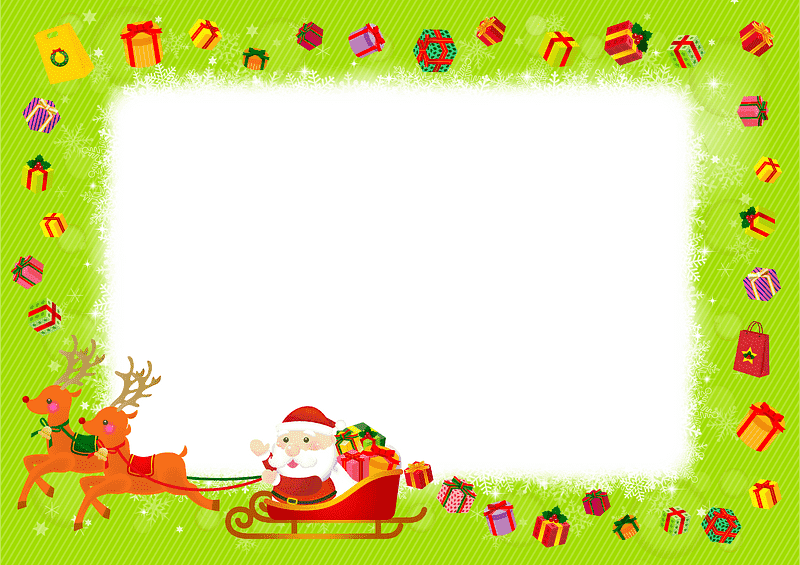 Vianočný rámček na stiahnutie zadarmo so Santom a sobmi, s darčekmi v zelenom ráme