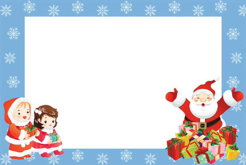Vianočný rámček zadarmo s modrým okrajom a bielymi vločkami, Santom a darčekmi, deťmi a darčekmi