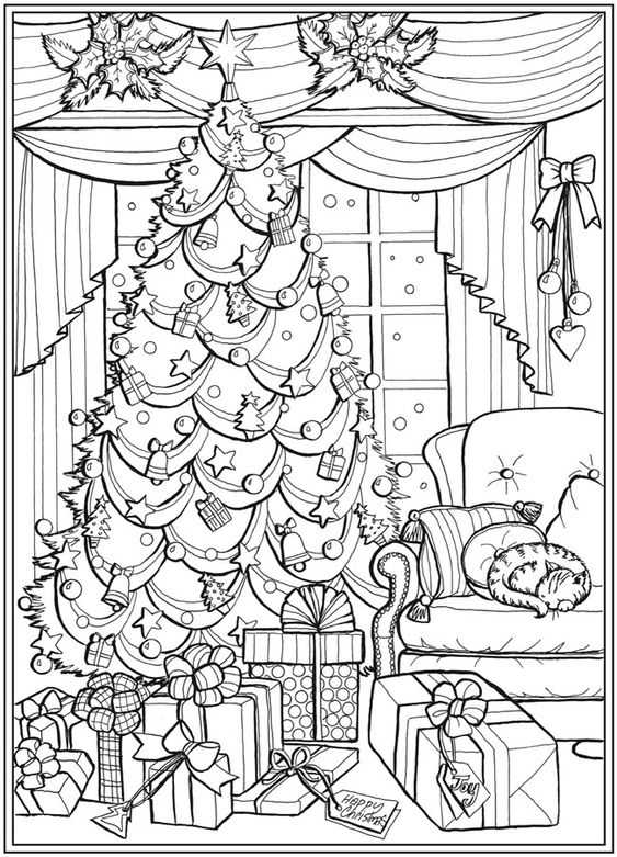 Vianočné omaľovánky pre dospelých so stromčekom, darčekmi a mačkou na kanapi