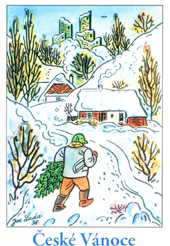 Vianočné pohľadnice od Jozefa Lady so zasneženou krajinou a mužom nesúcim stromček