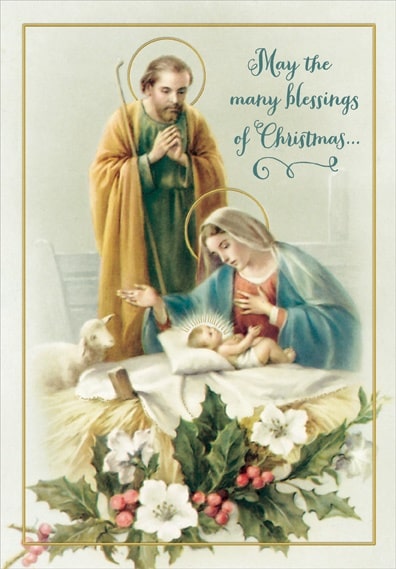 Náboženská vianočná pohľadnica s prianím, s Jozefom, Máriou a Ježiškom