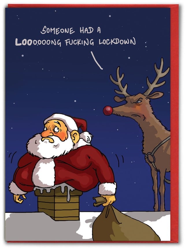 Vianočná vtipná pohľadnica so Santa Clausom a jeho sobom