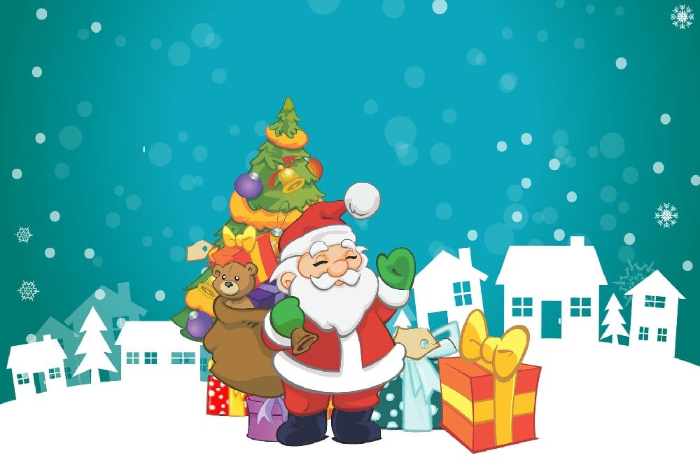 Vianočné pohľadnice so Santa Clausom, stromom a darčeky