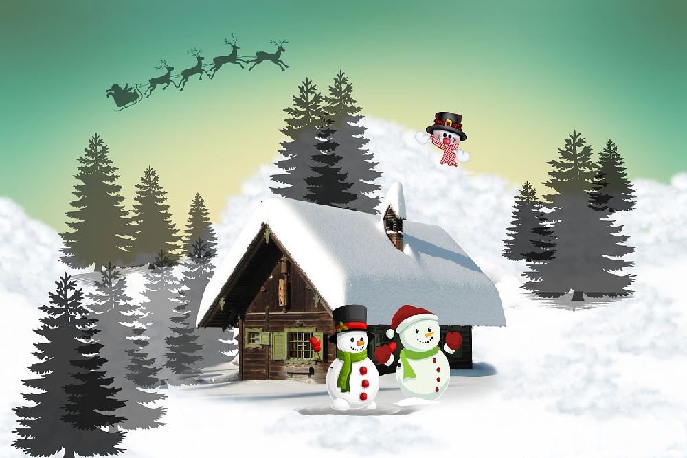 Vianočné pohľadnice na stiahnutie zadarmo so snehuliakmi v zasneženej krajine