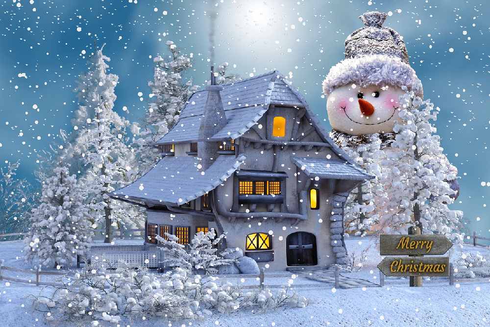 Vianočné pohľadnice na stiahnutie zadarmo s obrovským snehuliakom a zasneženým domom