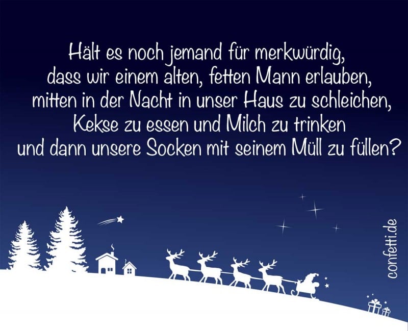 Tmavo modrý obrázok s bielym prianím v nemčine as bielou panorámou kopca, stromov a domov, ku ktorým mieri Santa so sobmi.