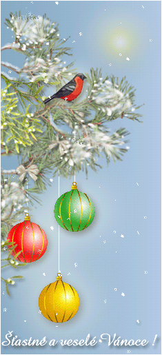 Vianočné GIF obrázok s vtáčikom a bankami.