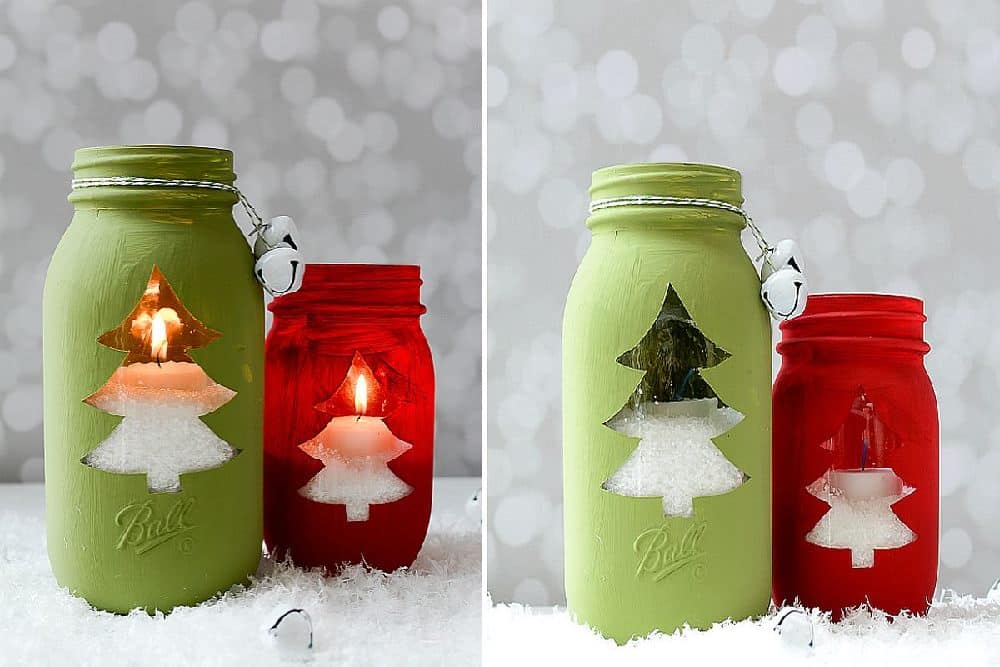 Vianočné svietniky vyrobené z pohárov, natreté farbou s motívom sktromku