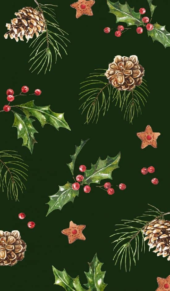 Tmavozelené vianočné pozadie na mobil s cezmínami, perníkmi a borovicovými šiškami a konármi