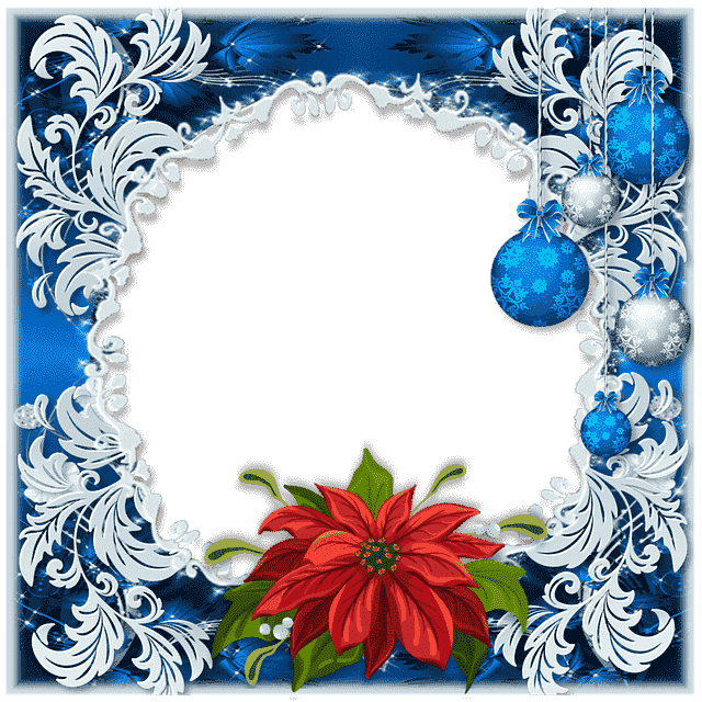 Vianočný rámček modro strieborný s červenou kvetinou