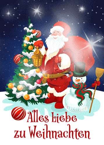 Santa Claus pri vianočnom stromčeku a snehuliaka so žiariacimi hviezdami s nemeckým prianím na Vianoce