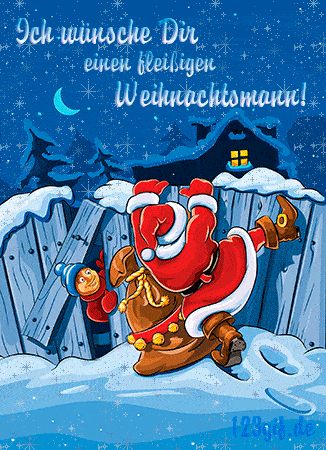 Santa Claus s vrecom ako sa snaží preliezť zasnežený drevený plot, doplnené nemeckým textom na Vianoce a padajúcim snehom