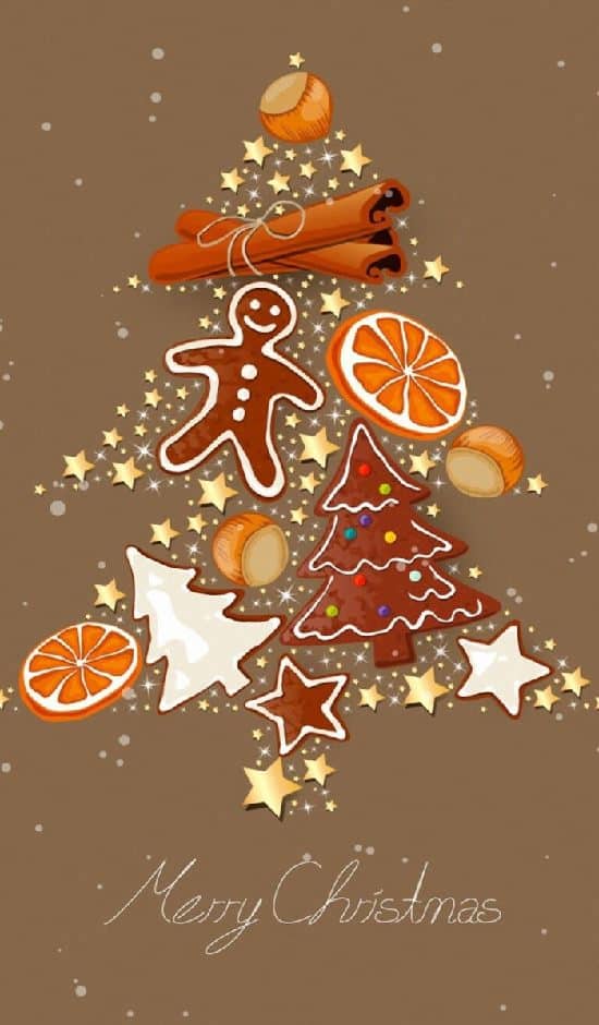 Vianočný stromček skladaný z hviezdičiek, orieškov, perníčkov, plátkov pomaranča a zvitky škorice
