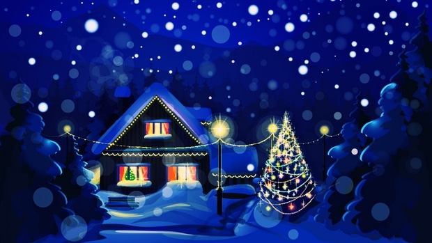 Kreslená pohľadnica zobrazujúca zasneženú nočnú krajinu so svietiacim domom a vonkajším vianočným stromom.