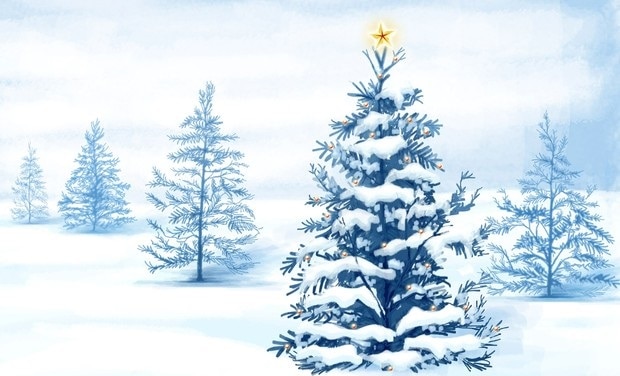 Pohľadnica, zobrazujúca zasneženú kreslenú krajinu so zlatou hviezdou, zdobiaca strom v popredí.
