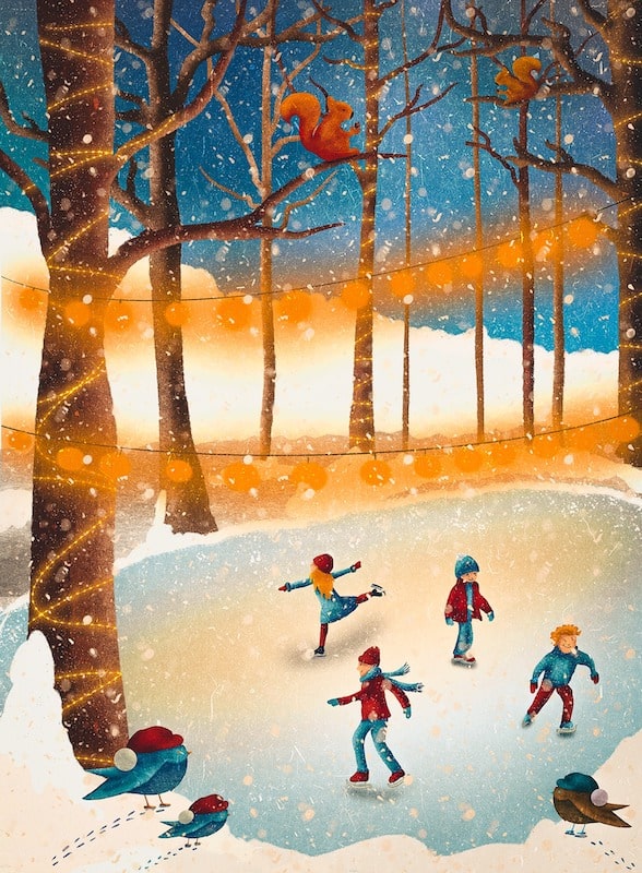 Ilustrácie - deti korčuľujú na ľade.