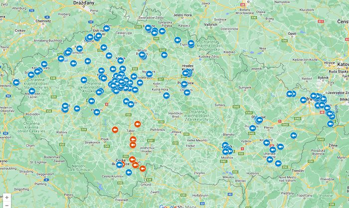 mapa predajných miest třeboňského kapra v Českej republike